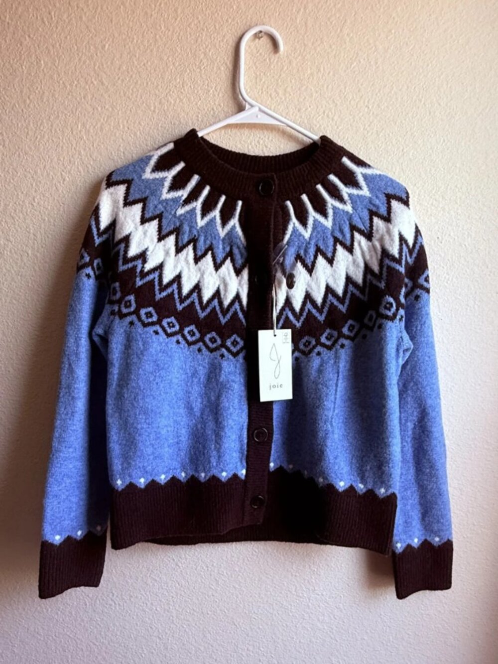 NWT Joie Women's Blue Brown Fair Isle Cardigan Sweater Size XS